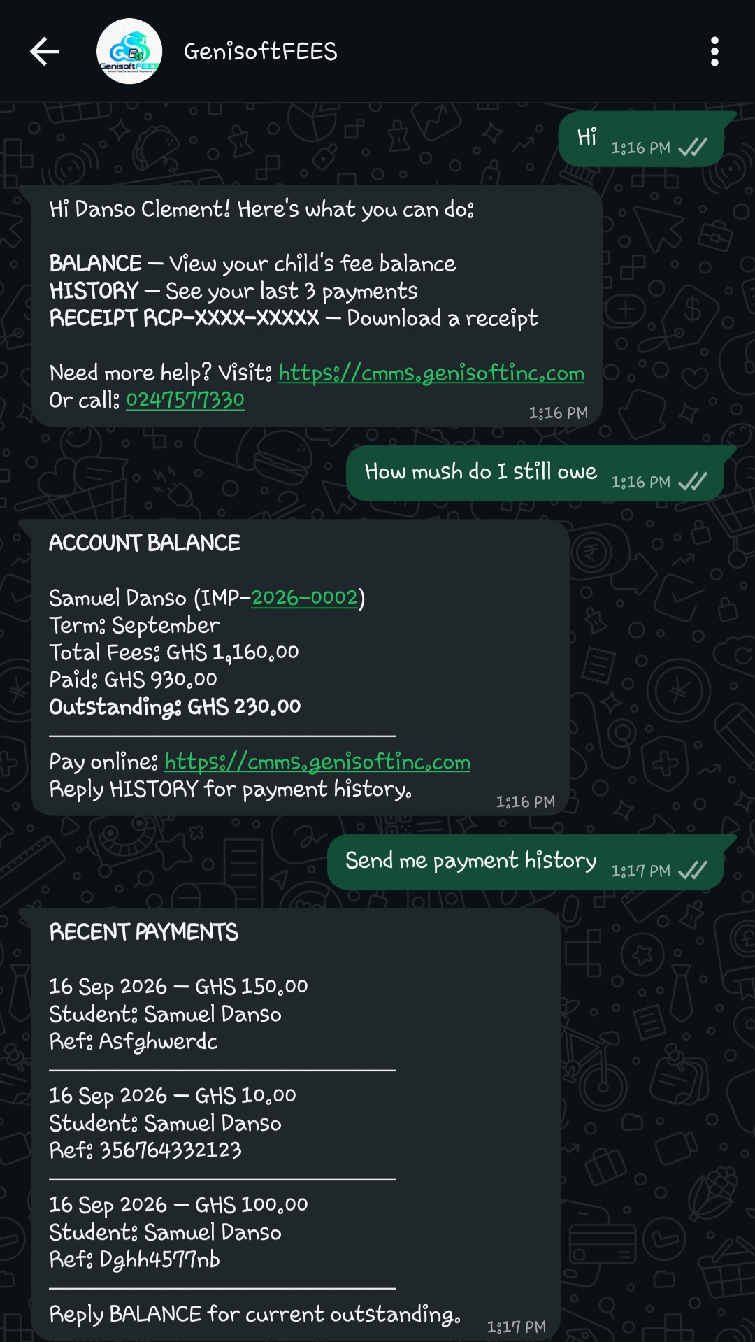 Real WhatsApp conversation with the GenisoftFEES assistant showing a balance check and payment history