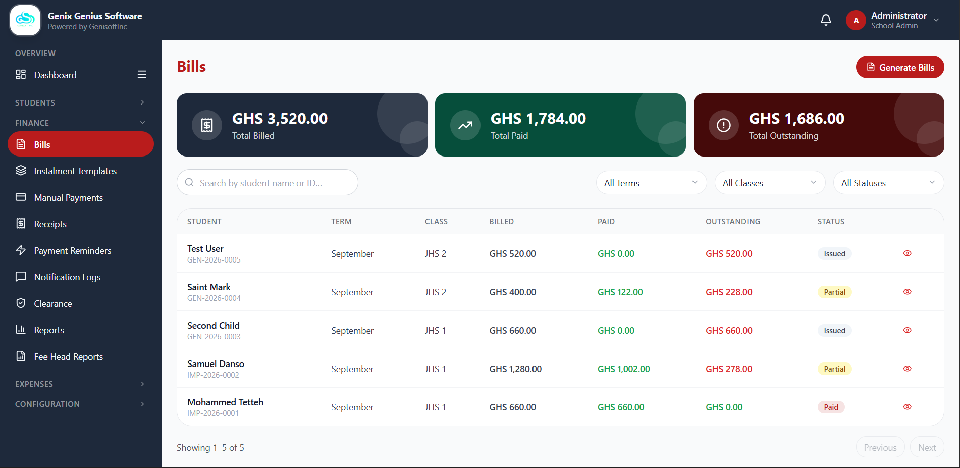 GenisoftFEES admin dashboard showing the Bills list with total billed, paid, and outstanding amounts per student